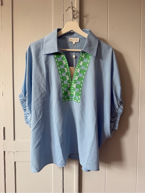 Entro Tops - Entro Light Blue Tunic Top with Green Embroidered Placket